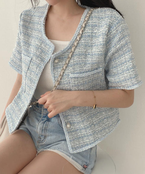 ツイード風ジャケットノーカラージャケット レディース パールボタン オフィス夏服 ショート丈アウター フォーマル カーディガン きれいめ羽織り サマージャケット夏 86SSJL-022